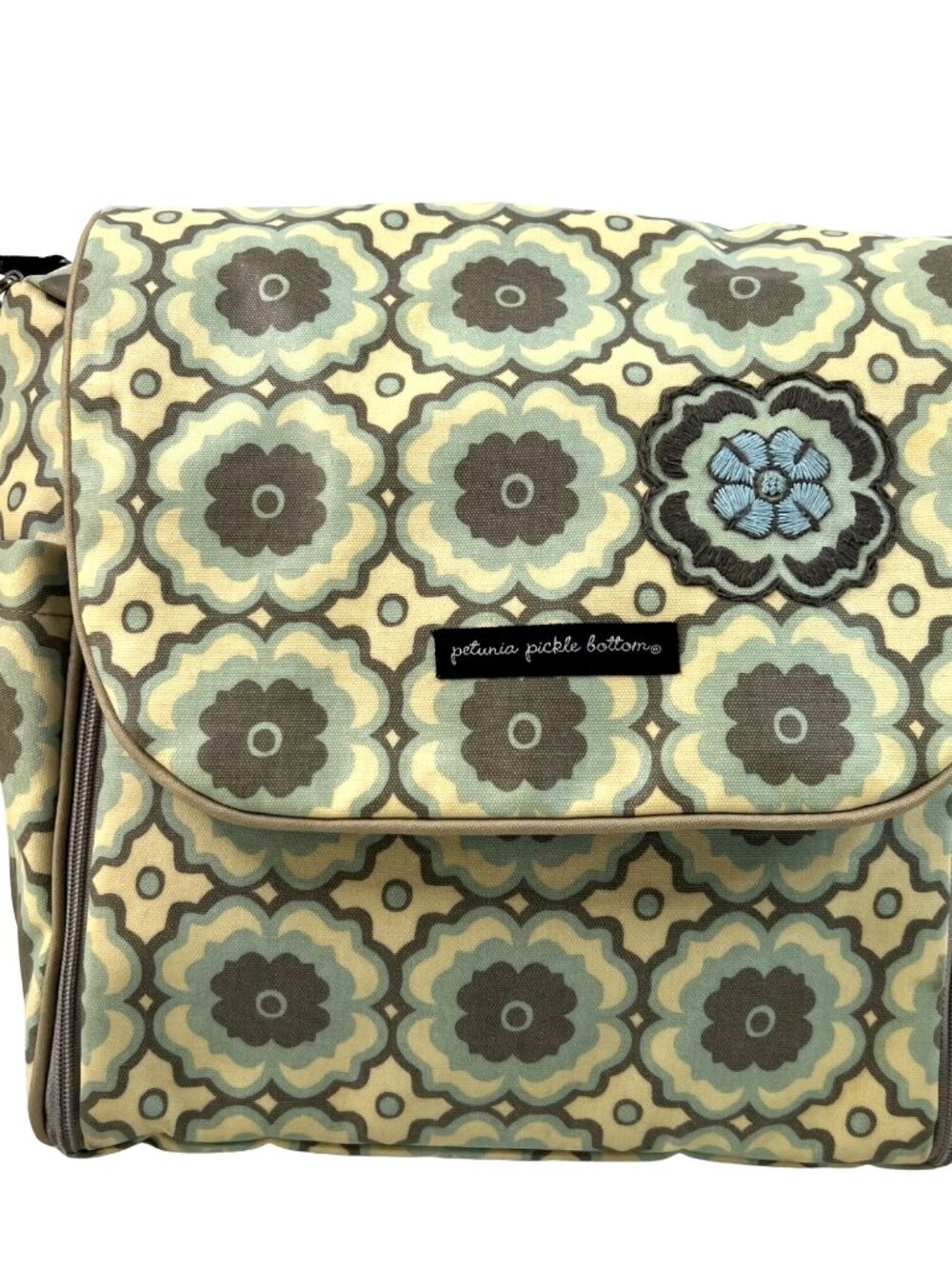 Petunia Pickle Bottom Boxy Backpack Diaper Bag Turquoise Gray Embroidered